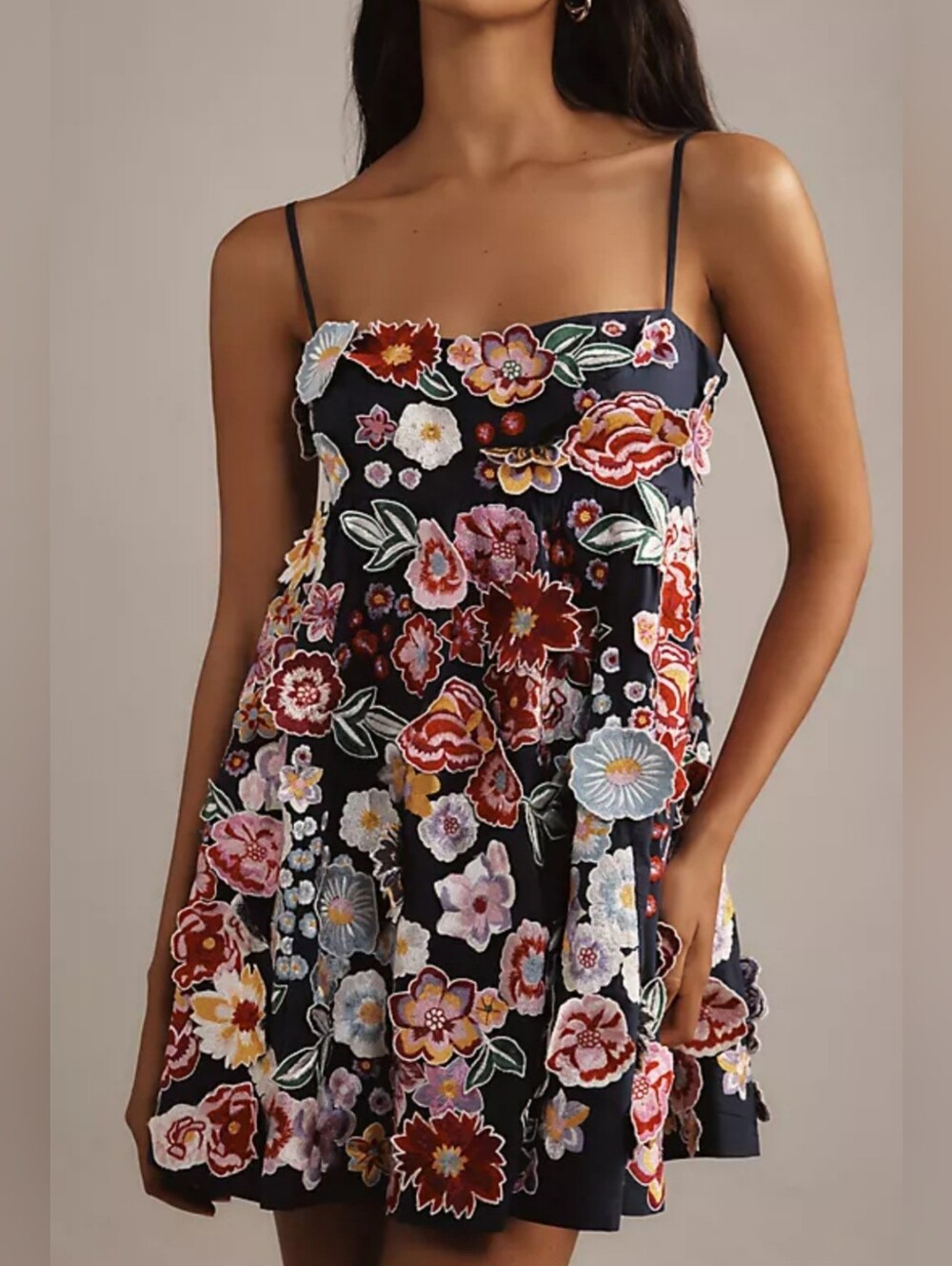 Anthropologie Multi-colored 3D Floral Embroidery Stichted Babydoll  Mini Dress